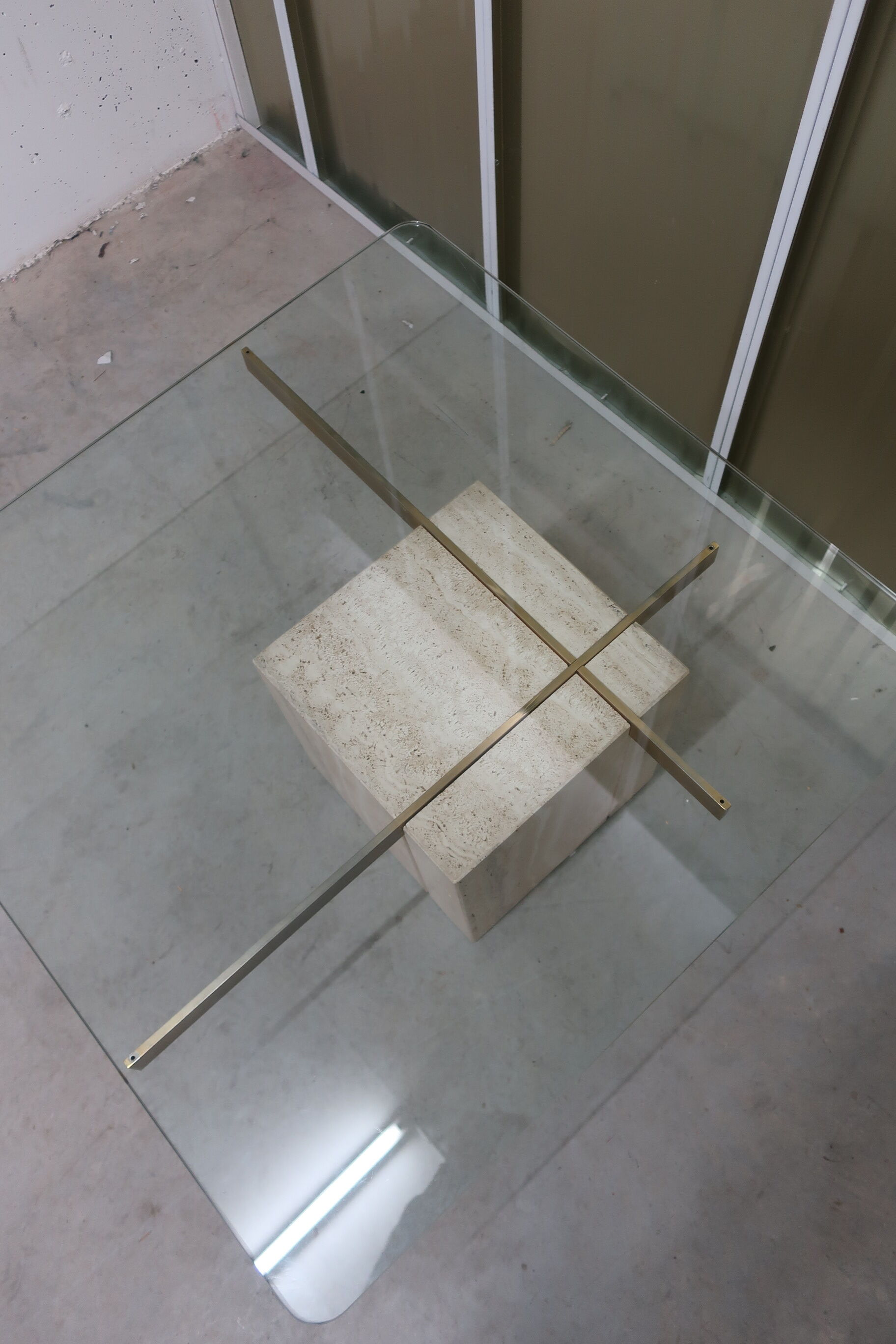 70s travertine and brass coffee table