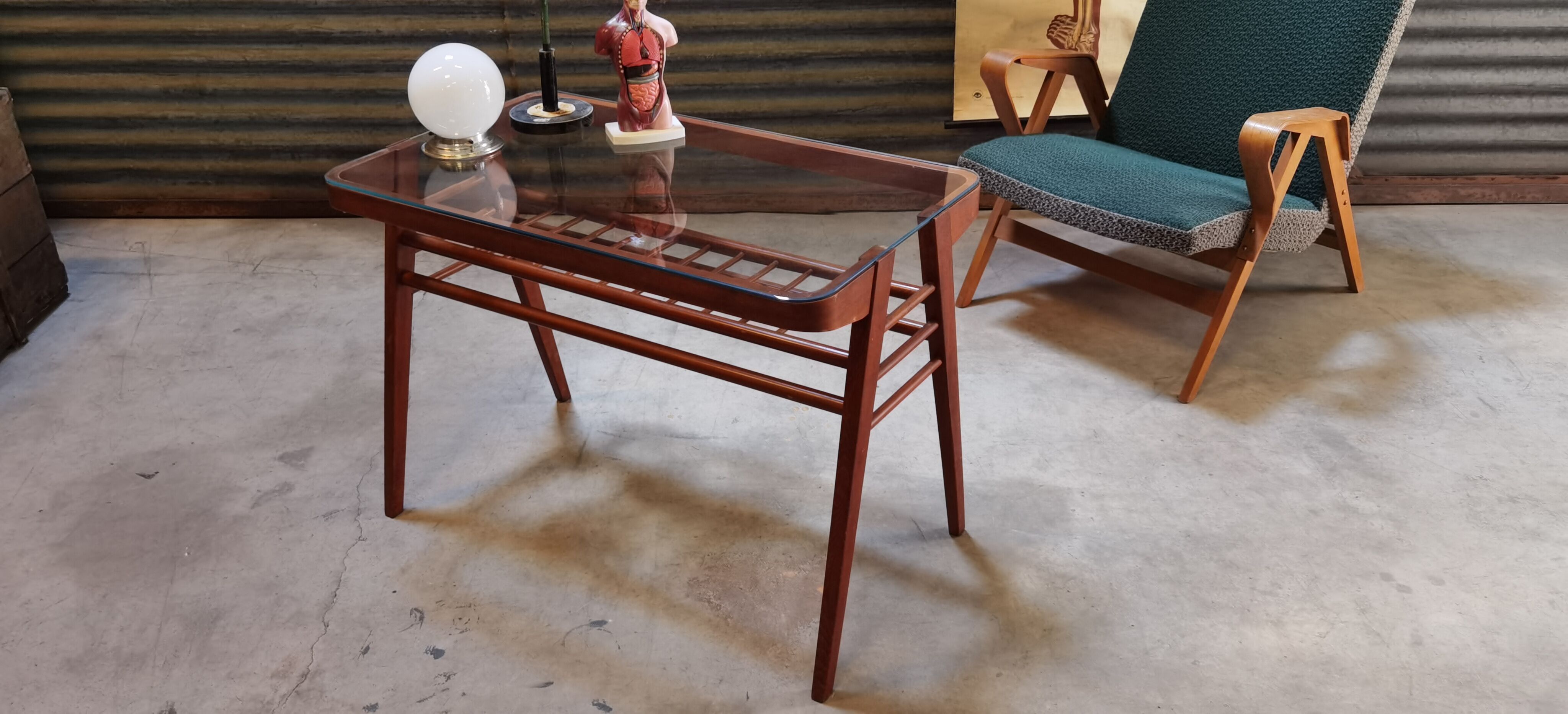 Side table or wood and glass console by Frantisek Jirak 1960