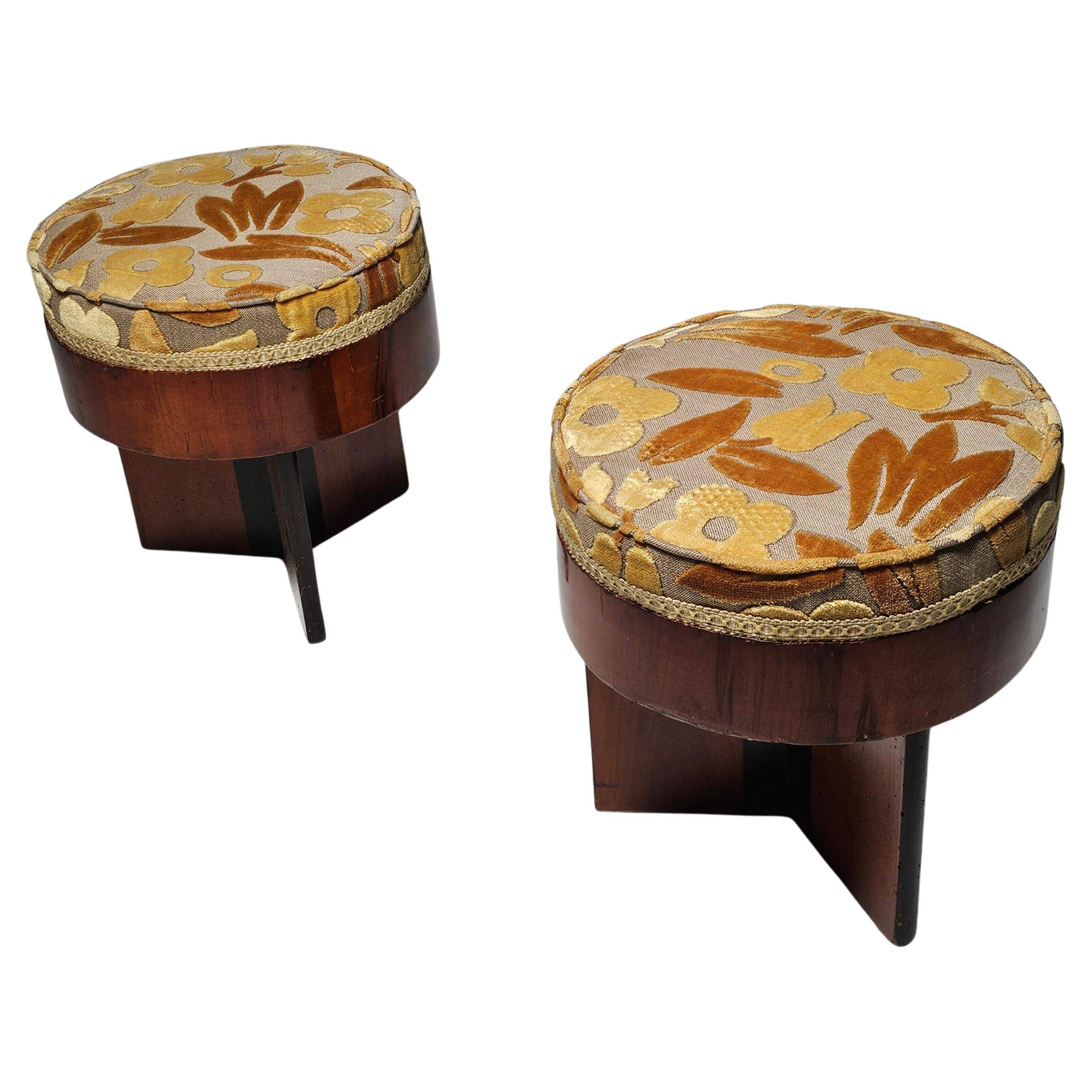 Art Deco stools in walnut and floral printed fabric, Italy.
