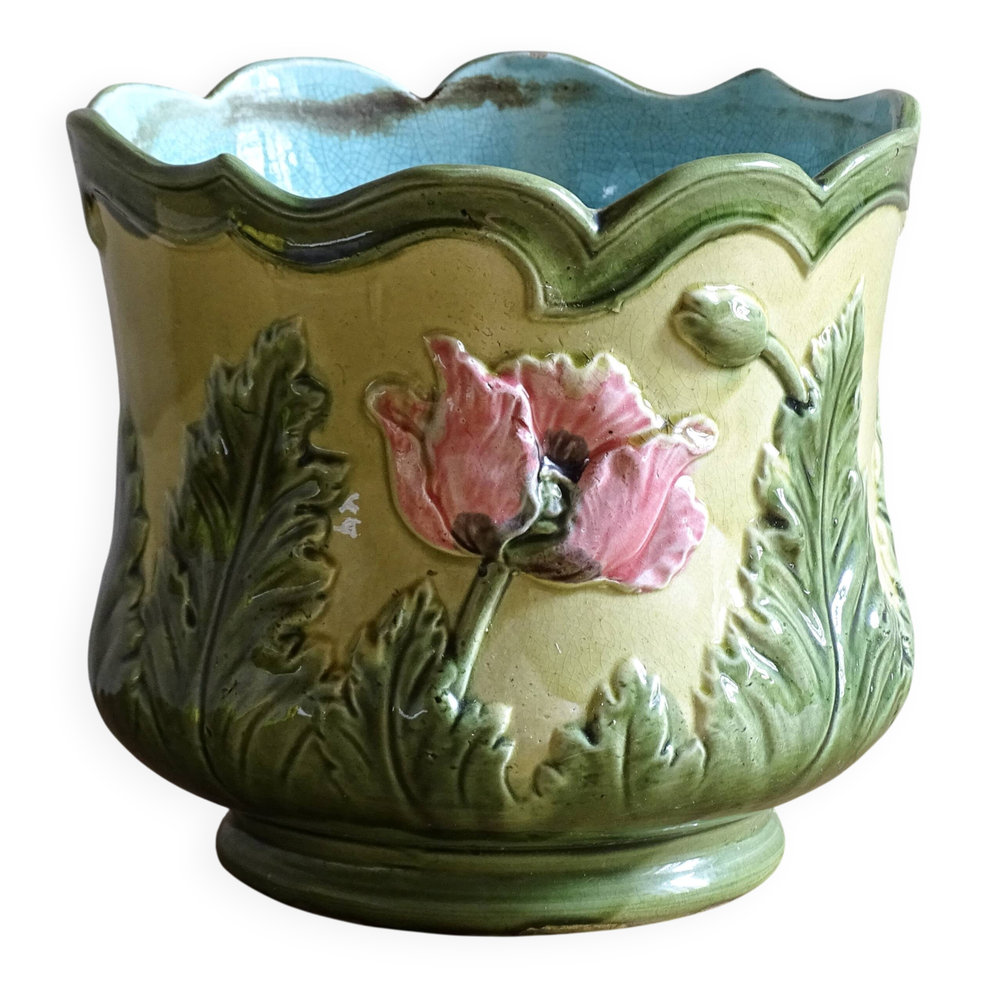 Antique Ceramic Cache Pot with Poppies, Art Nouveau Planter