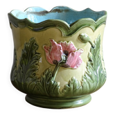 Antique Ceramic Cache Pot with Poppies, Art Nouveau Planter