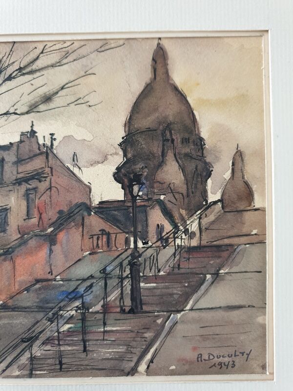André Duculty (1912-1990) Watercolor on paper "Escaliers de la Butte Montmartre à Paris" Signed