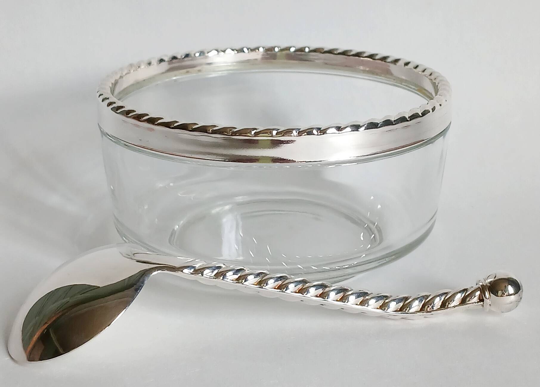 Caviar bowl & its spoon Bormioli Rocco glass & silver-plated metal, Italy 80s