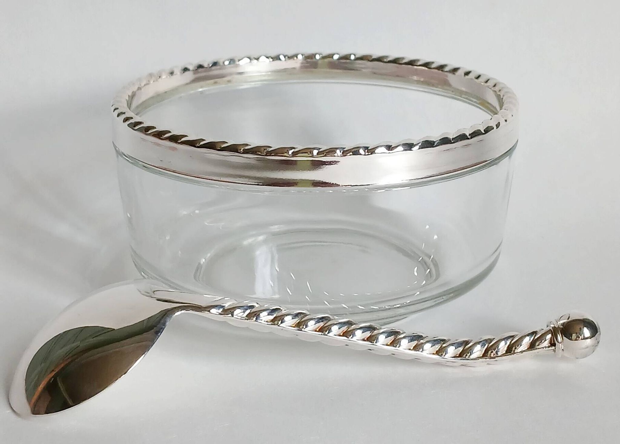 Caviar bowl & its spoon Bormioli Rocco glass & silver-plated metal, Italy 80s