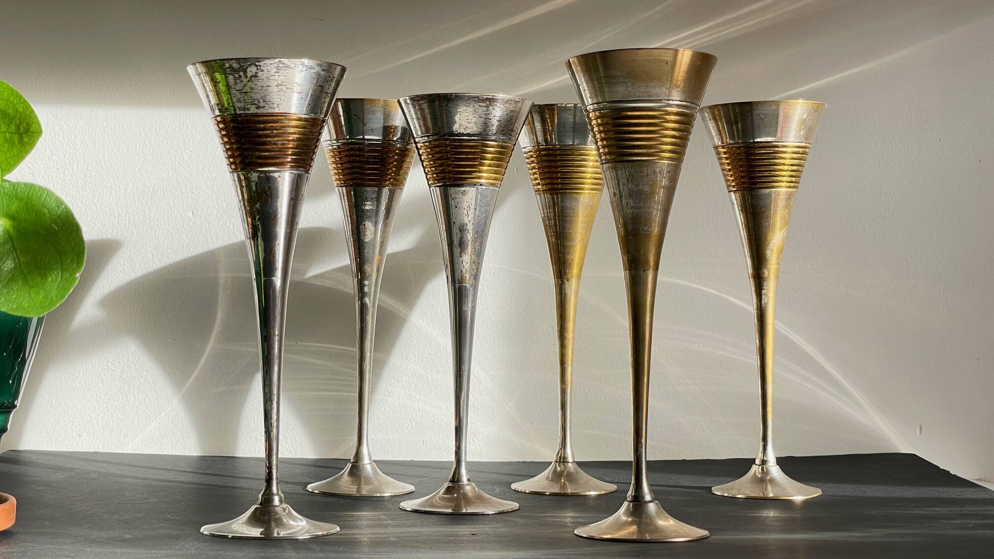 6 Vintage Silver-Plated Brass Champagne Flutes