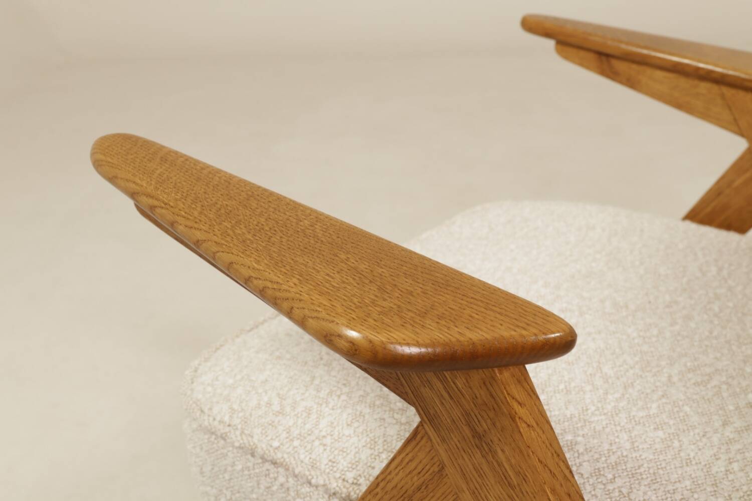 Vintage armchair rustic oak pearl bouclé concluded by Chierowski