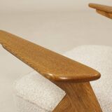 Vintage armchair rustic oak pearl bouclé concluded by Chierowski