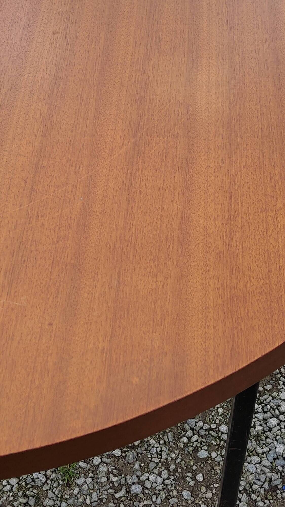 Vintage round table in blond mahogany by Gérard Guermonprez Editor Magnani, metal base