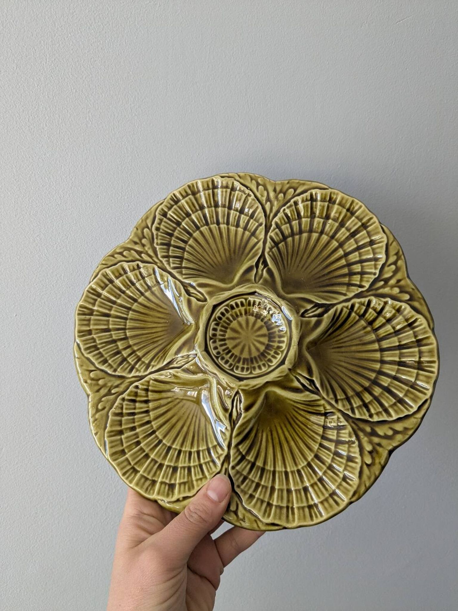 Set of 3 vintage green Sarreguemines majolica oyster plates.