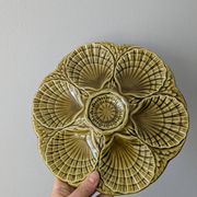 Set of 3 vintage green Sarreguemines majolica oyster plates.