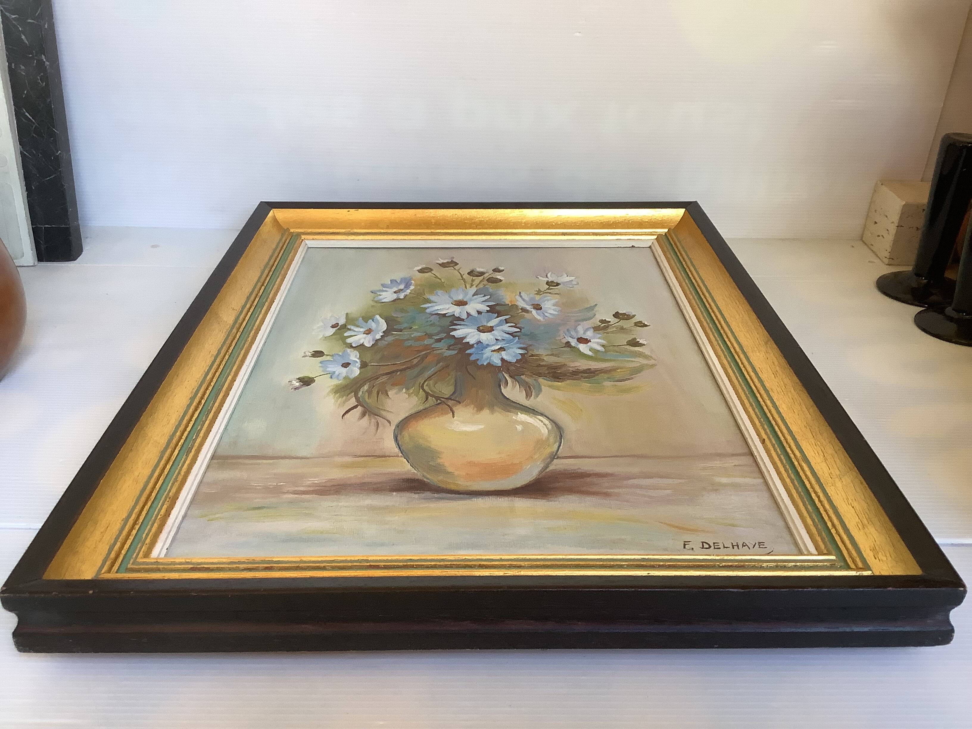 Painting of a bouquet of blue flowers, oil on canvas, signed.