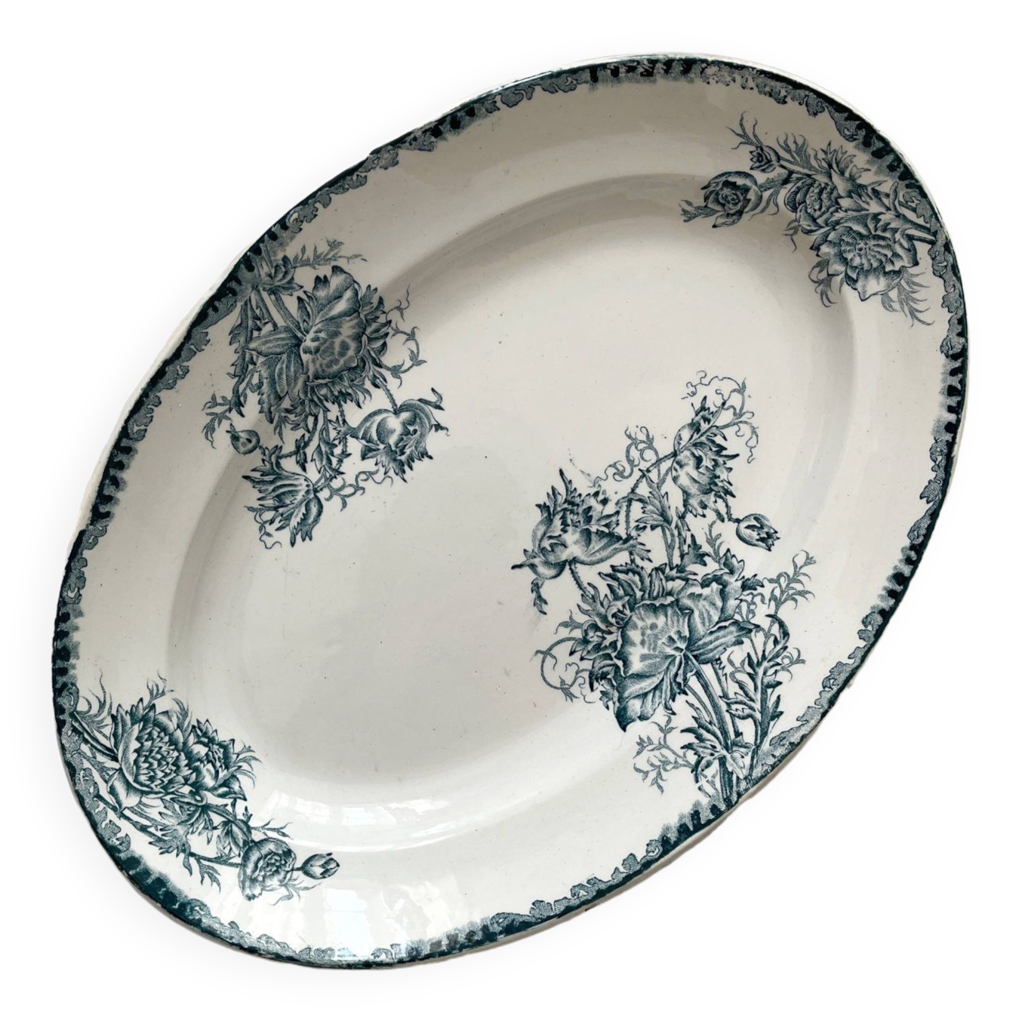 Oval iron earthenware dish "Pavots" Saint Amand A. Lebacqz & M. Bouchart
