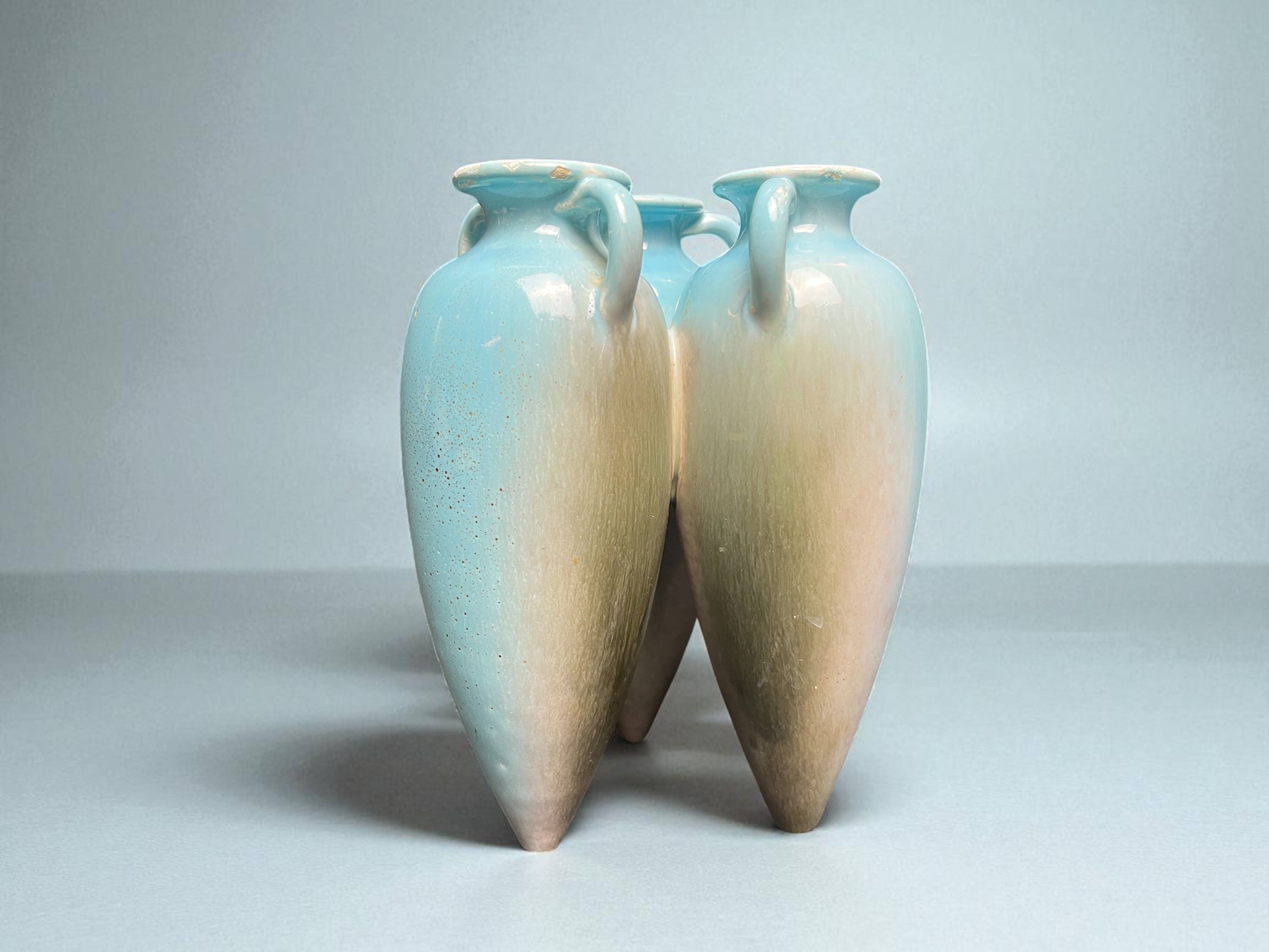 Art Nouveau, small triple amphora vase, glazed earthenware, Massier, circa 1900