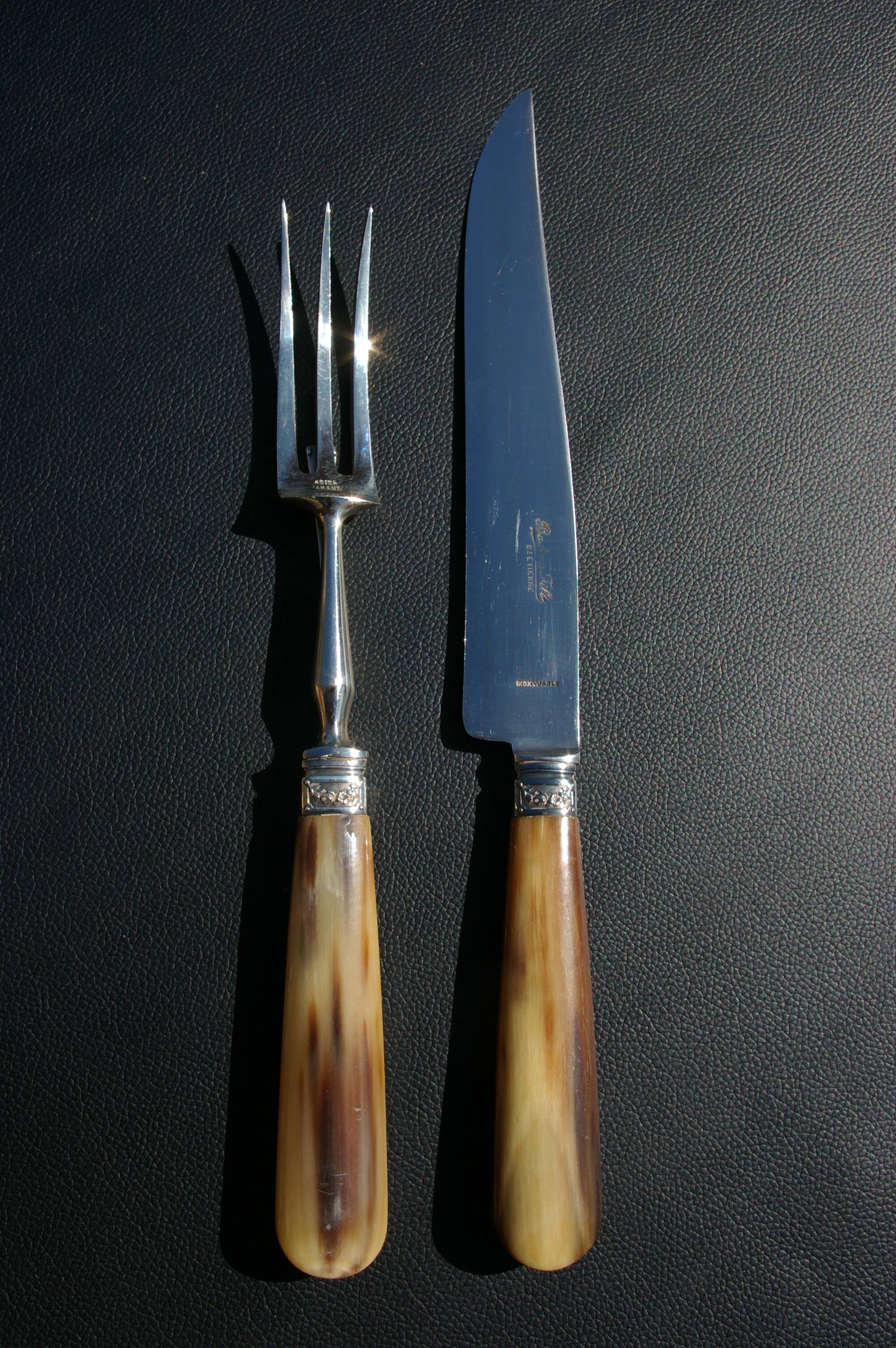 Carving Set + Salad Server Horn and Stainless Steel