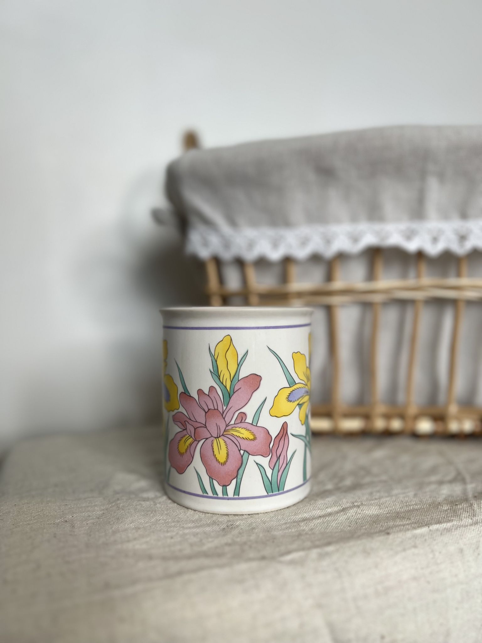 Vintage white porcelain mug or mug retro floral pattern