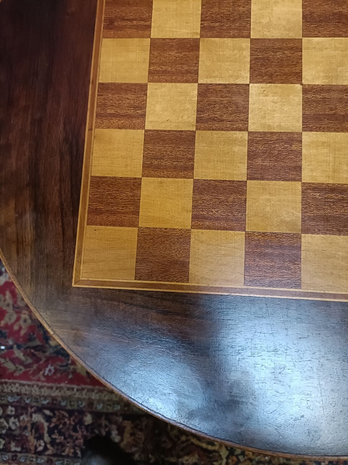 Pedestal table chessboard inlaid old pegs and staples