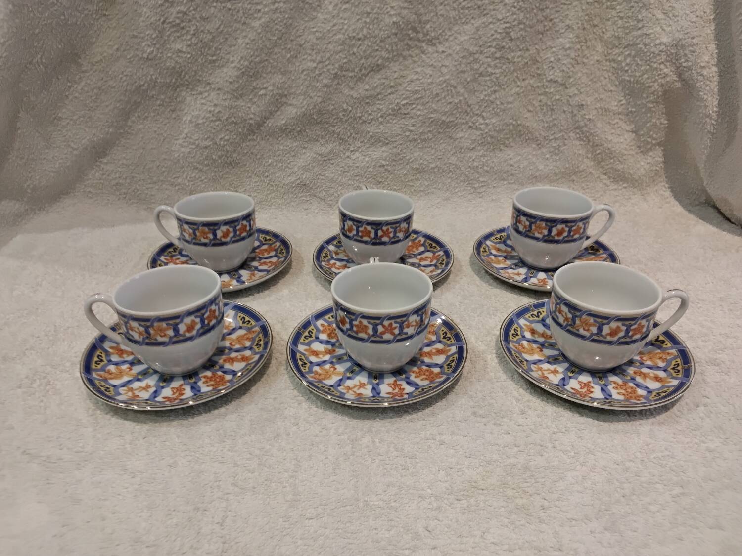 6 cups and 6 saucers, Christofle porcelain, Oceana Ginkgo blue pattern