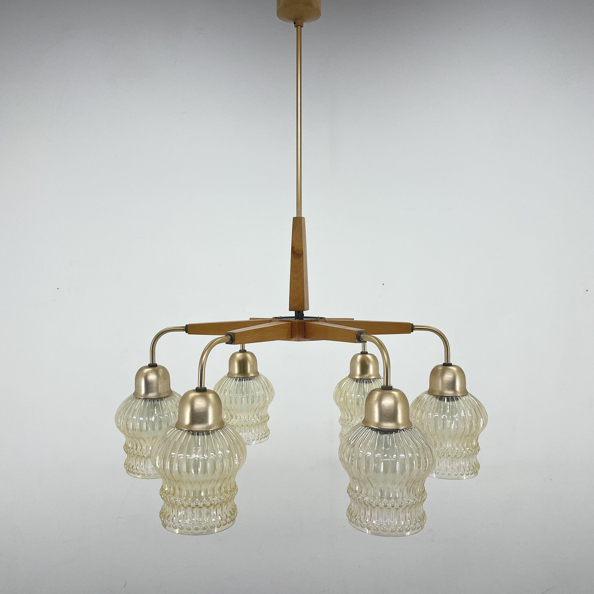1970's Wood & Glass 6-arm Chandelier, Czechoslovakia