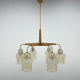 1970's Wood & Glass 6-arm Chandelier, Czechoslovakia