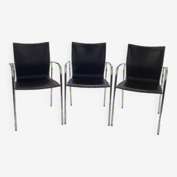 Suite of 3 armchairs in thermoformed laminated wood, leather and chrome metal