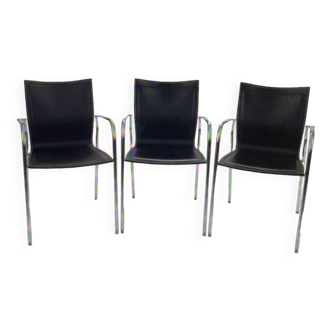 Suite of 3 armchairs in thermoformed laminated wood, leather and chrome metal
