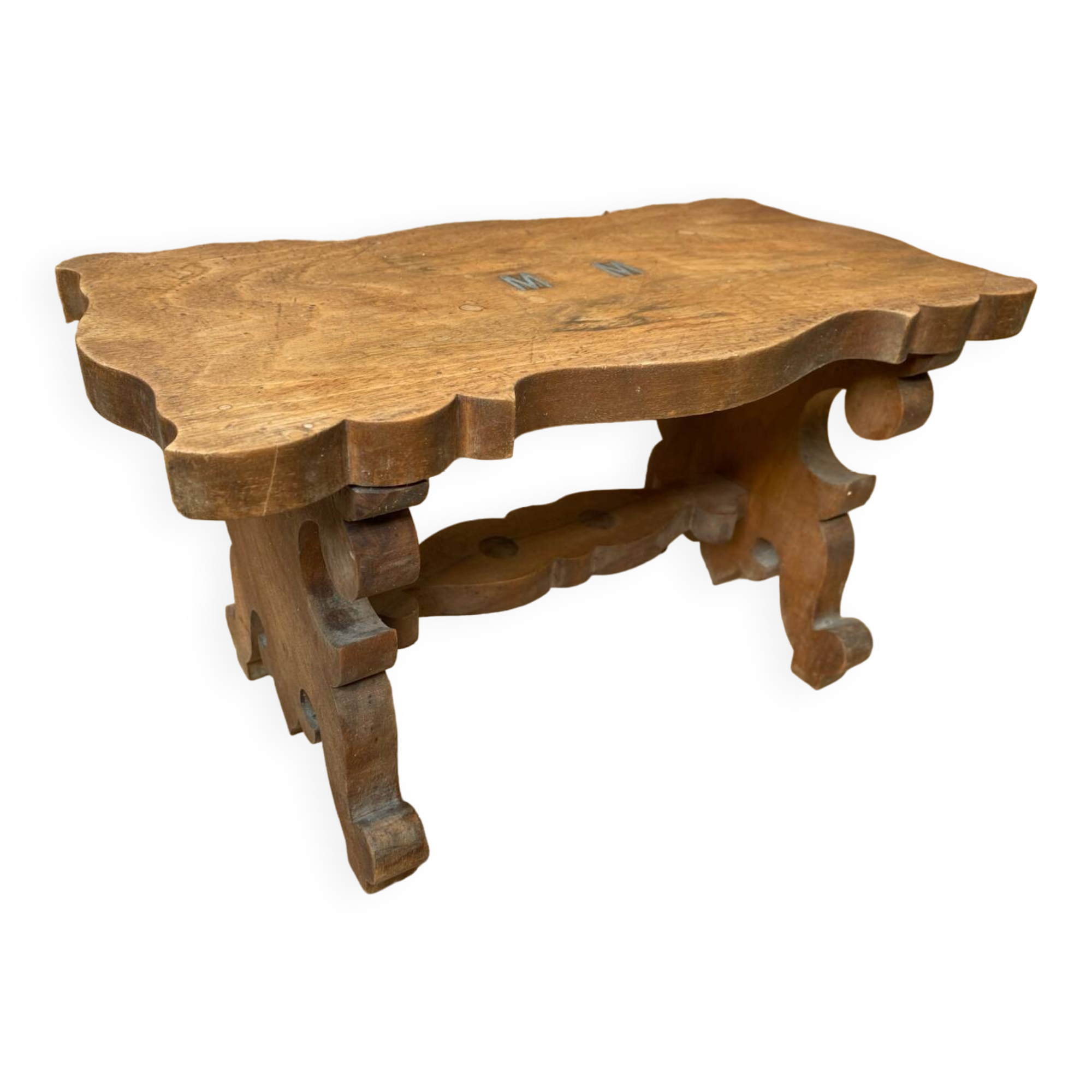 Antique Communion Bench Stool Carved Wood + Metal Monogram Early 20th Century