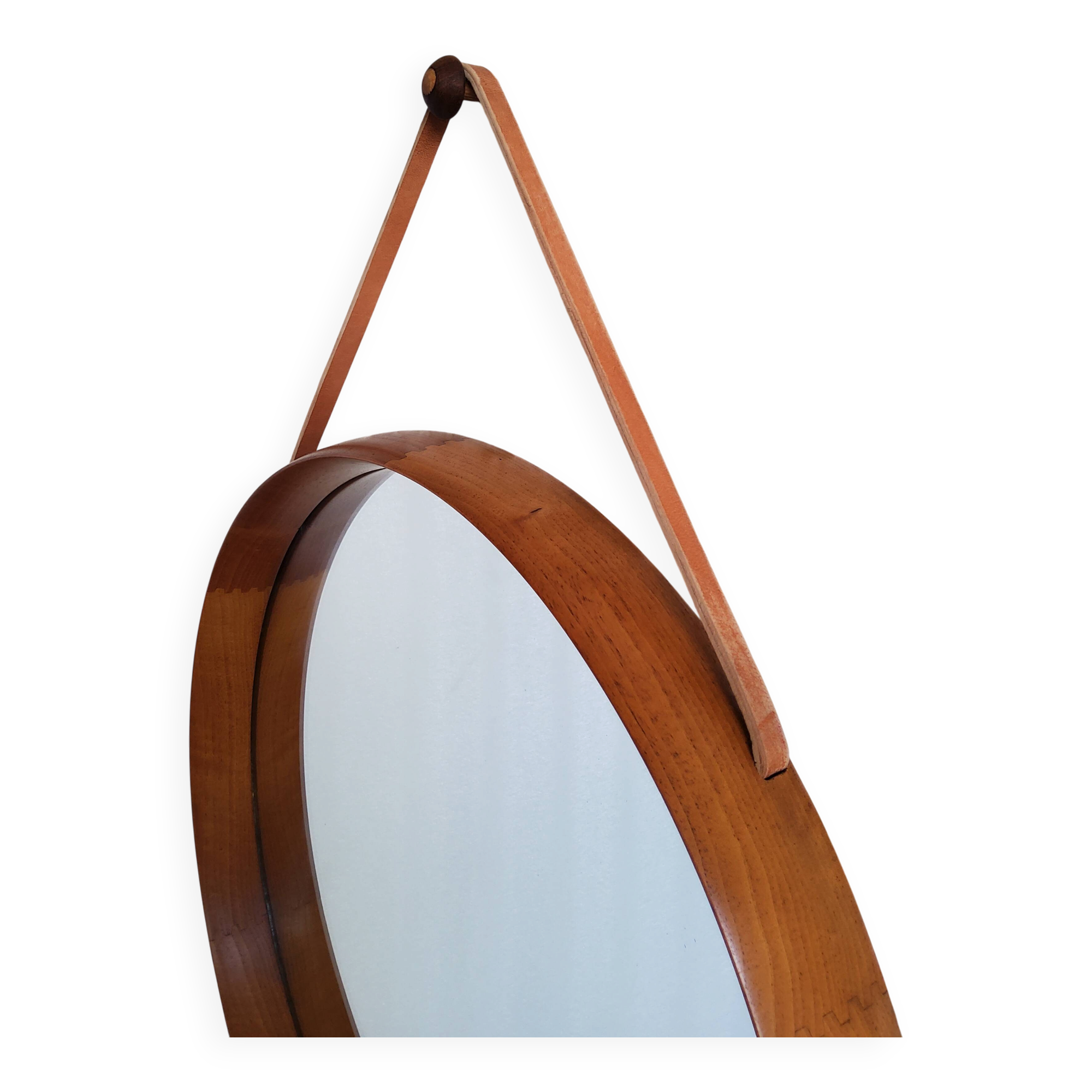 Round teak mirror by Uno and Osten Kristiansson for Luxus Vittsjö, Sweden.