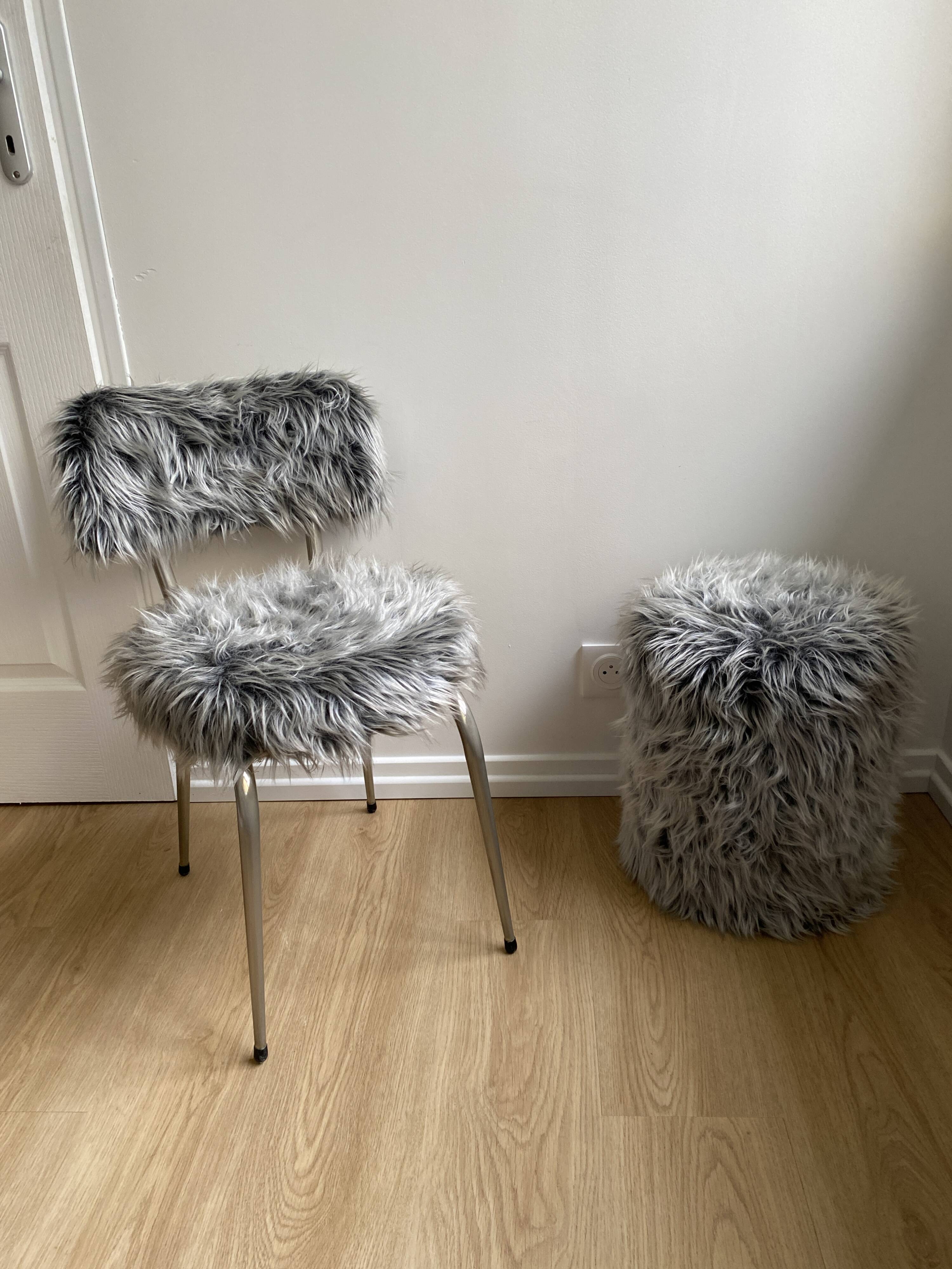 Vintage chair, gray long-haired synthetic fur