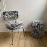 Vintage chair, gray long-haired synthetic fur