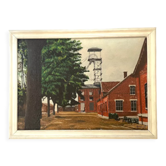 1930s French oil painting on canvas, industrial site with mine in Northern France