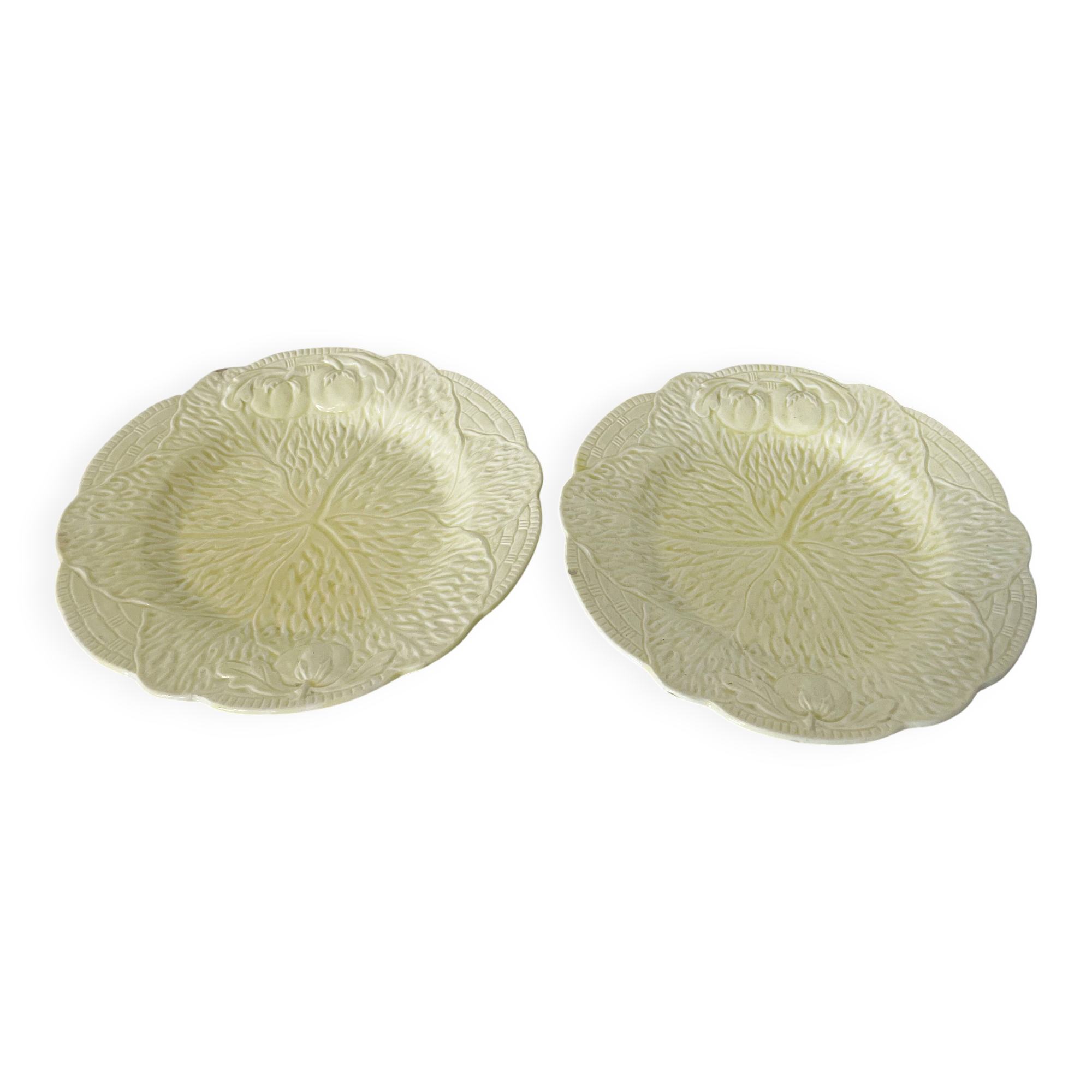 Pair of Yellow Midwinter England Majolica Dessert Plates, Cabbage Leaf
