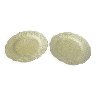 Paire d'assiettes à dessert en majolique jaune Midwinter England, motif feuille de chou