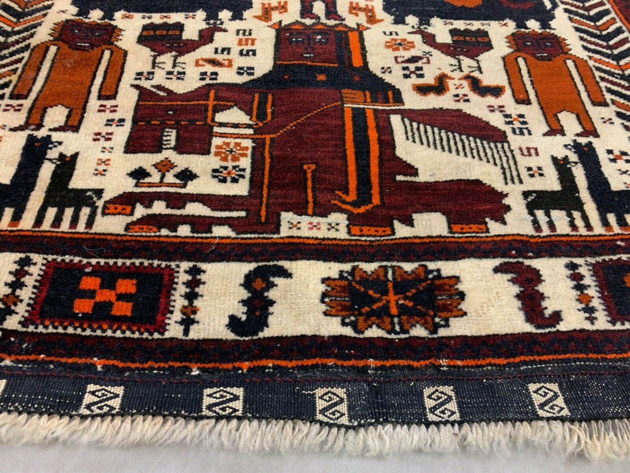 Vintage Tribal Lion Rug 204x110 cm, Old Tribal Wool Carpet, Black, Red Cream
