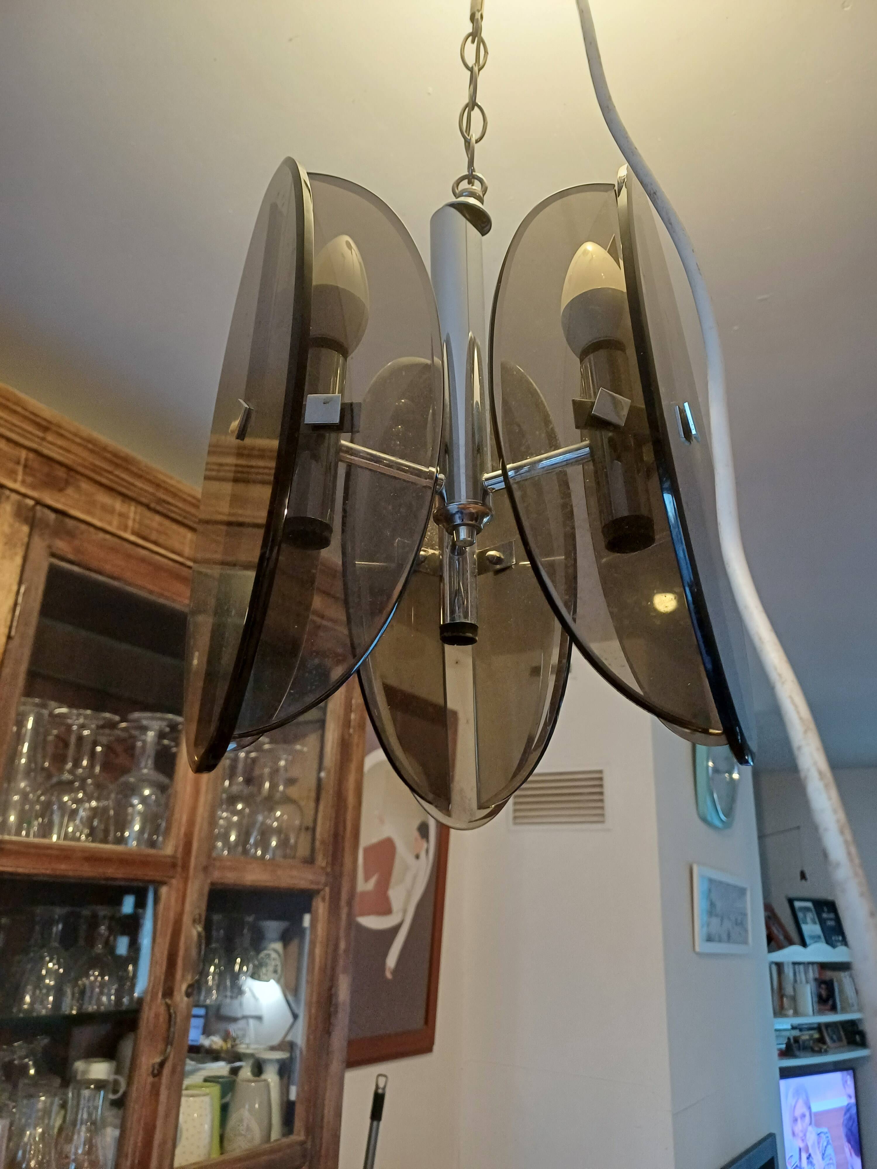 Vintage Chandelier Veca, Chrome and Smoked Glass