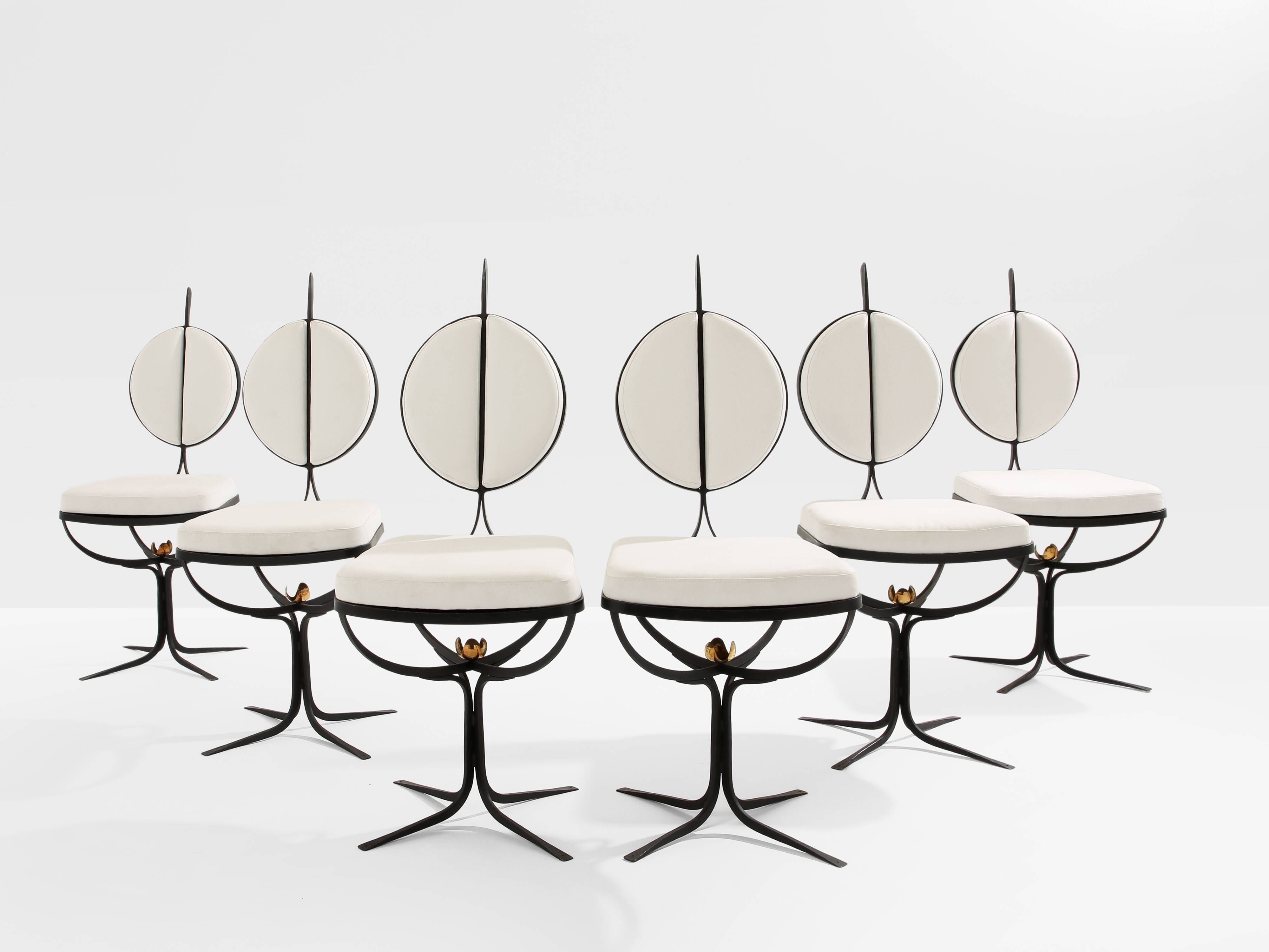 Set of 6 brutalist wrought iron and alcantara chairs from 1990.