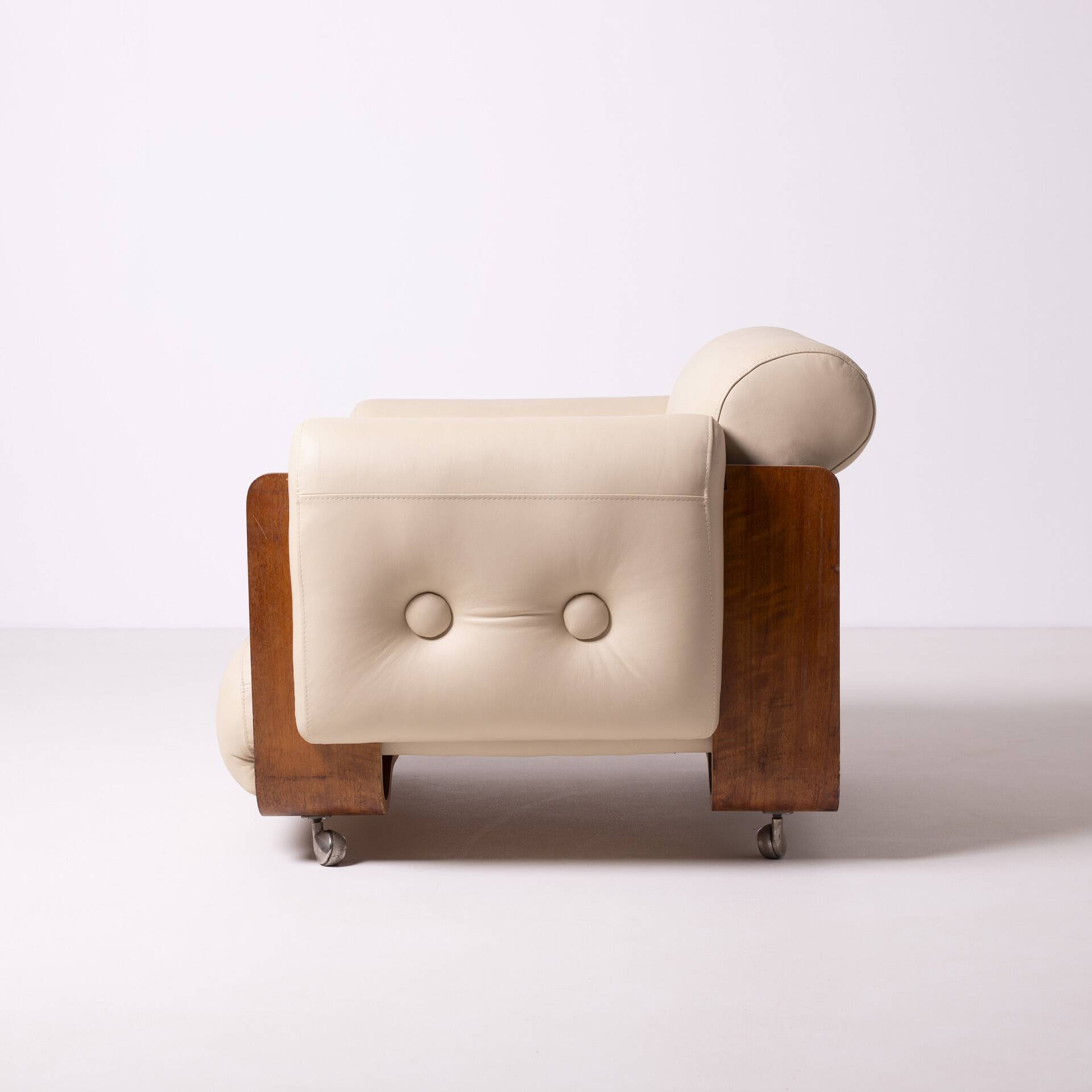 1970s brutalist lounge chair by Jan Bocan, Czechoslovakia, cream leather an