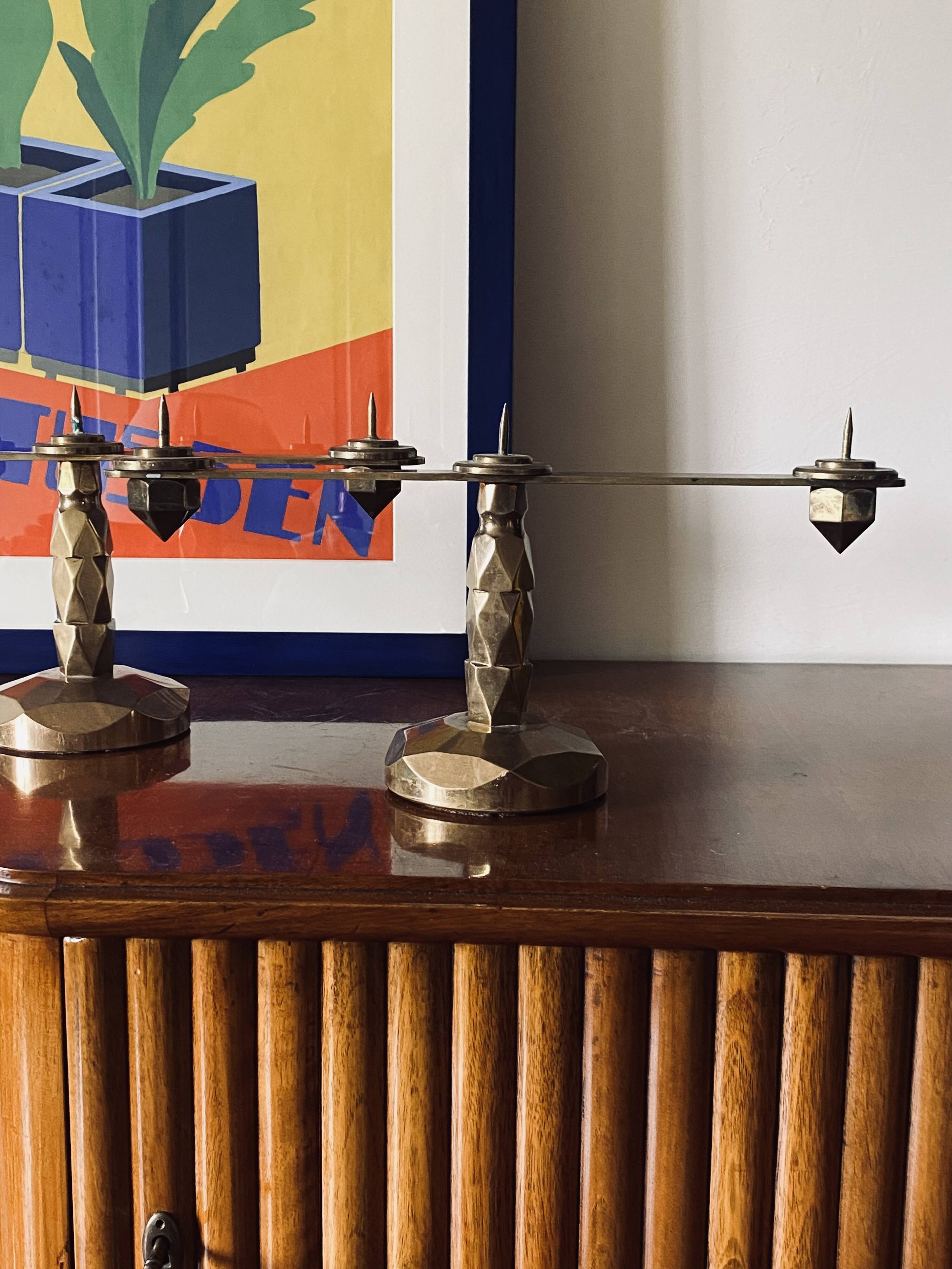 Brutalist brass pair of candle holders, France 1970