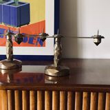 Brutalist brass pair of candle holders, France 1970