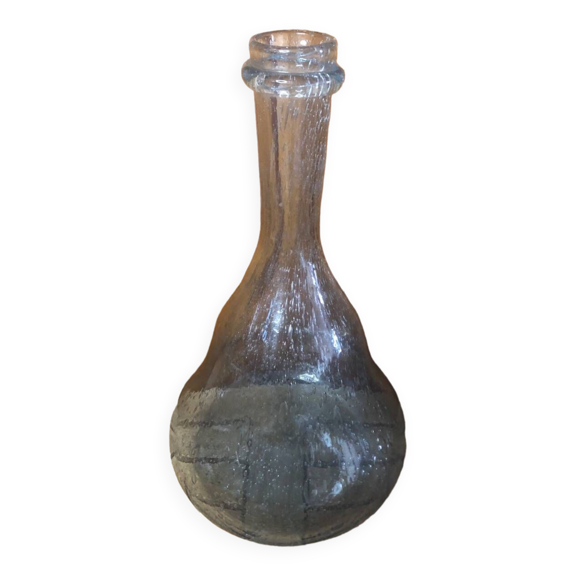 Ancienne bouteille style biot verre soufflé bullé bleuté vintage