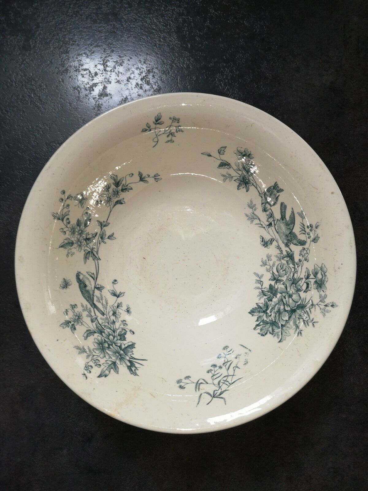 Old dish type bowl on foot, earthenware Iron earth blue Longwy Cute Birds Ø 27 cm