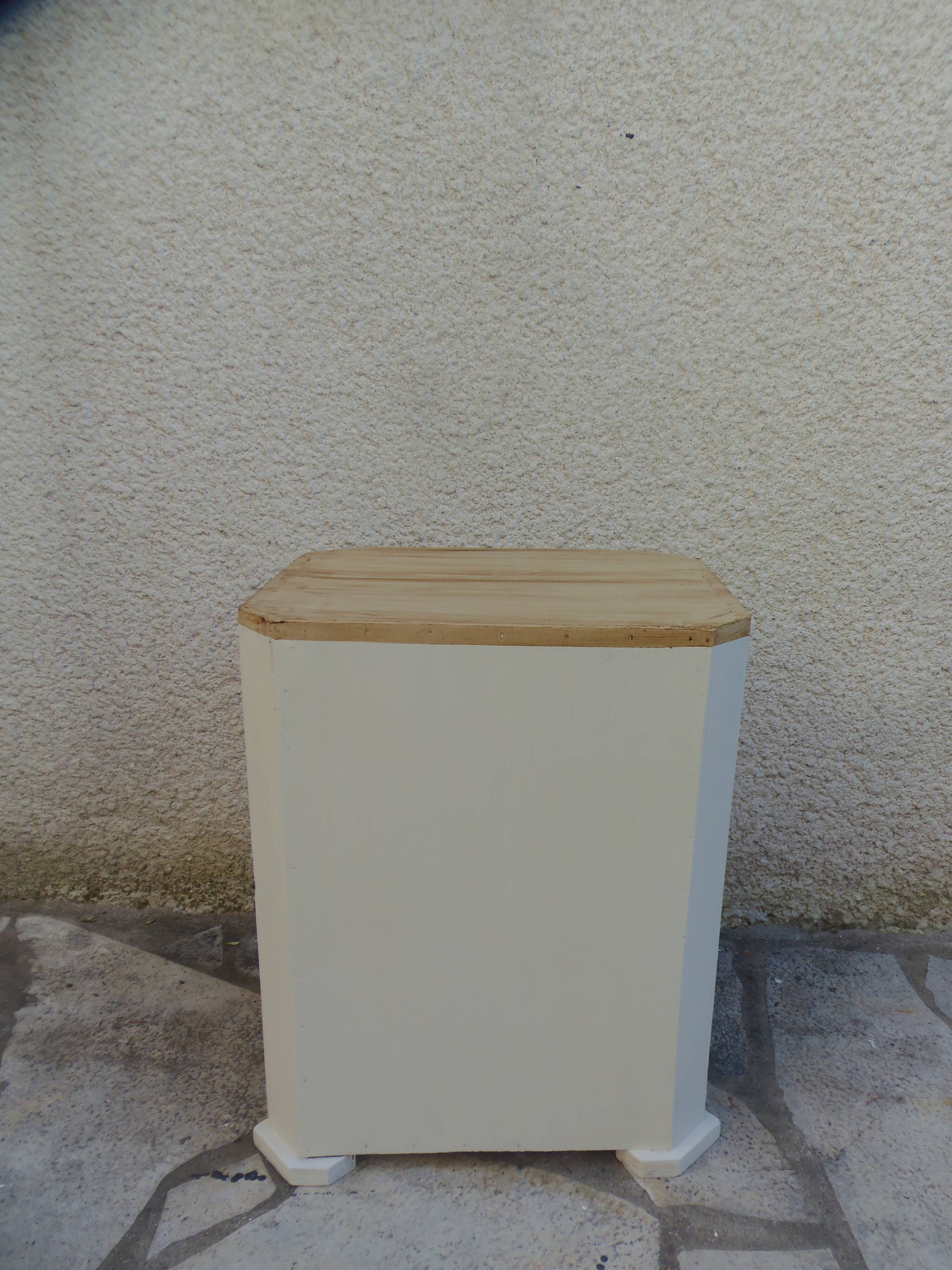 Vintage side table reimagined in beige, wooden tops.