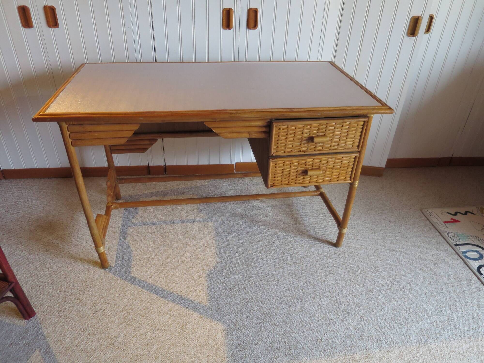 desk - wood-bamboo and woven wicker rattan - 2 drawers - large top - 80