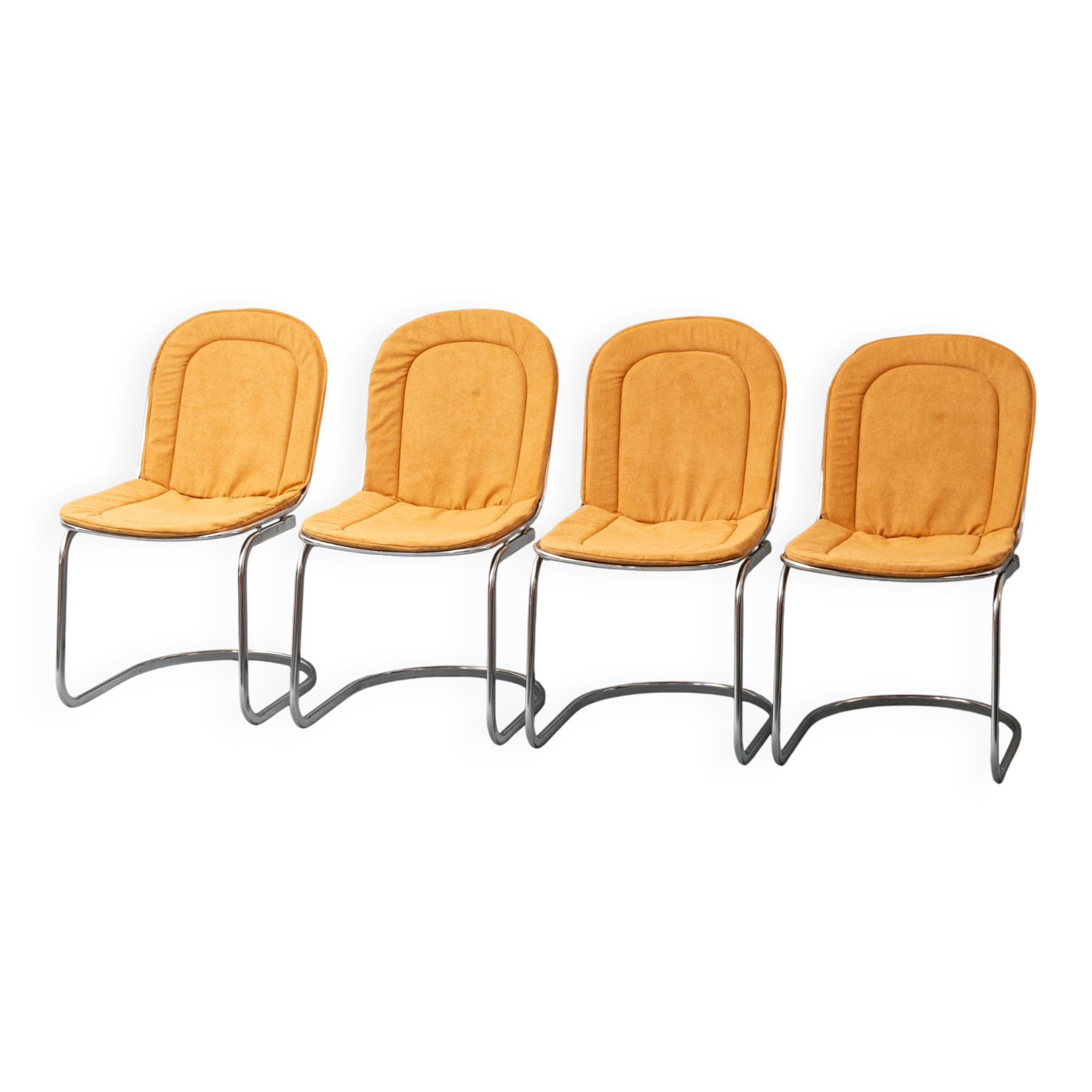 Set of 4 vintage Gastone Rinaldi chairs in chromed steel and yellow fabric, 1970s modernism