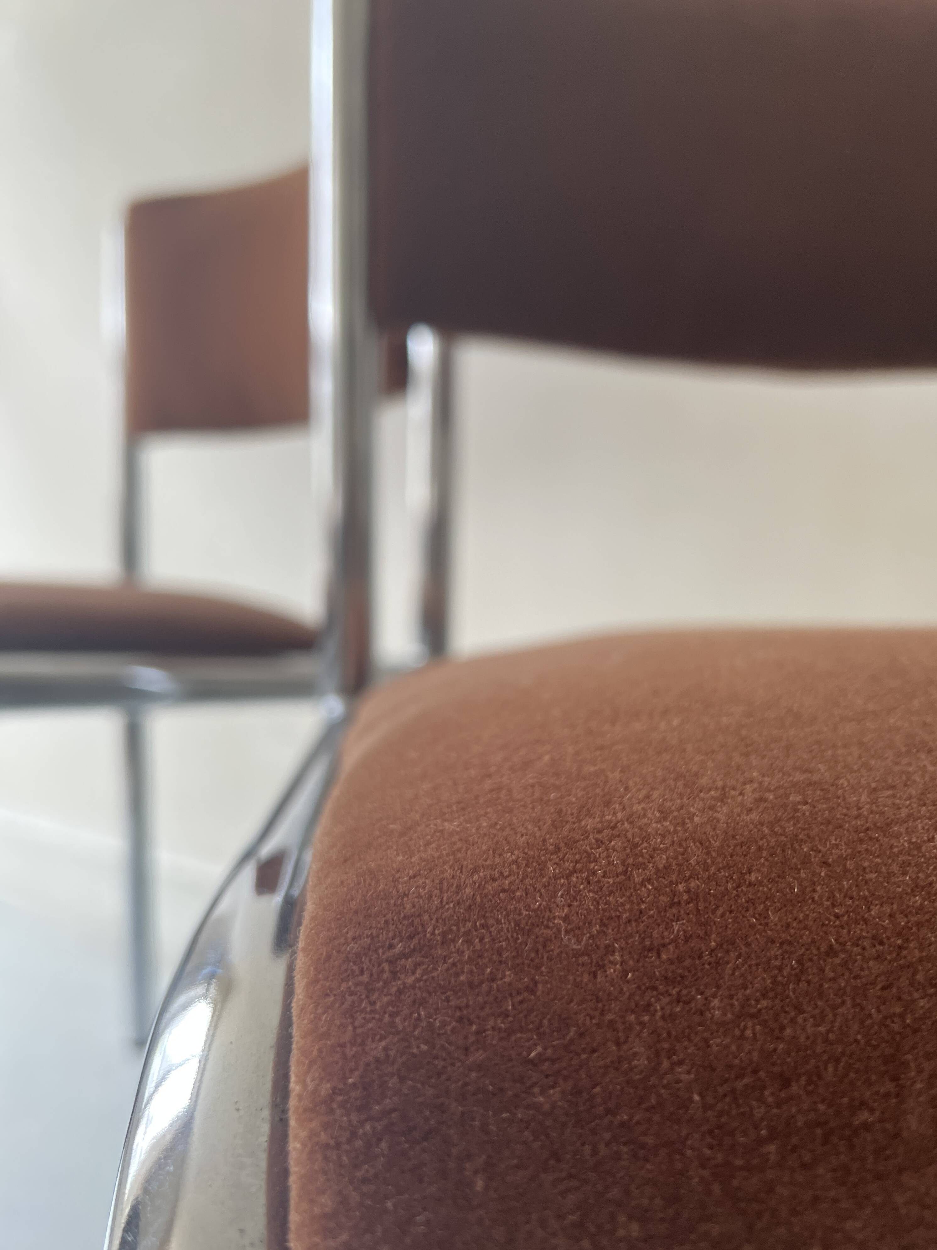 Pair of chrome and chestnut brown velvet chairs, 1970s design