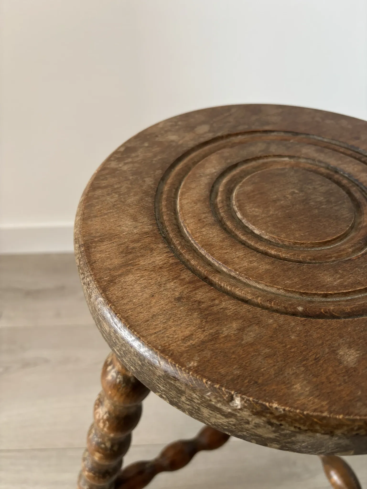 Antique tripod stool, solid wood, turned wood.