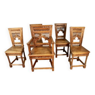 Suite of 4 chairs and 1 neo gothic armchair