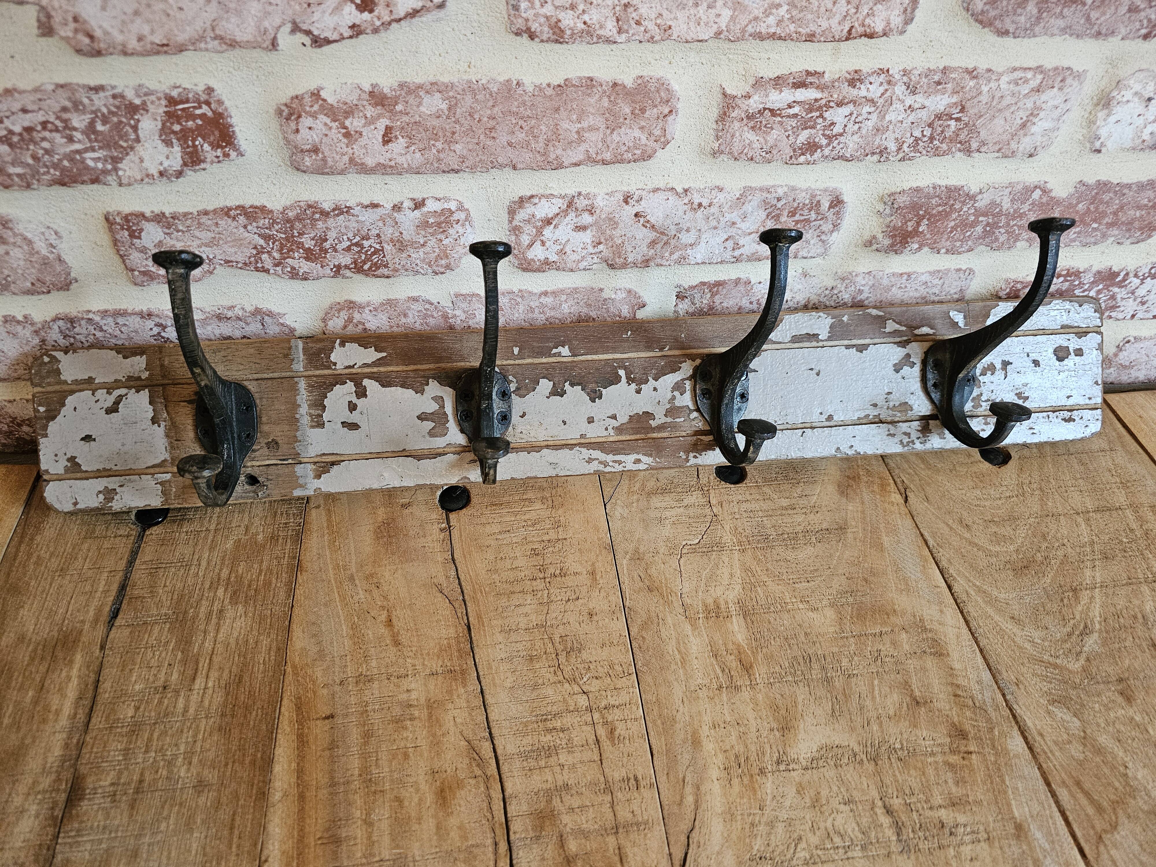 Solid teak coat hook with 4 double cast iron hooks