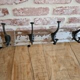 Solid teak coat hook with 4 double cast iron hooks