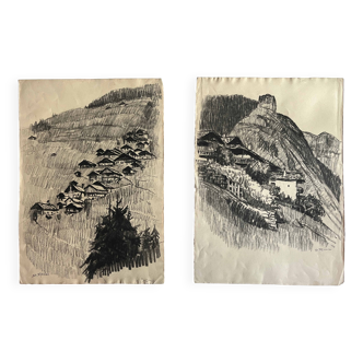 Deux tableaux denise richier (1896-1983) le boudin, village du beaufortain (73)