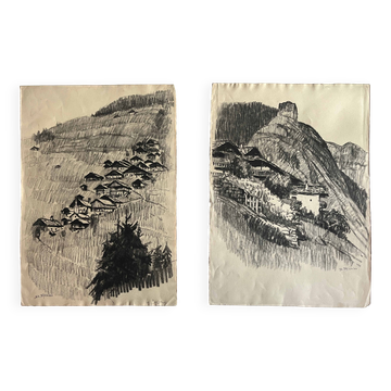 Deux tableaux denise richier (1896-1983) le boudin, village du beaufortain (73)